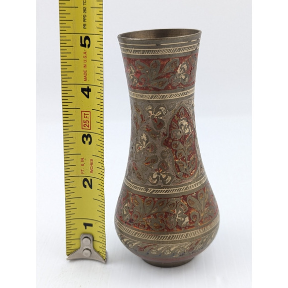 Brass Vase Enameled Floral Ornate Etched Vintage 5" Tall Marked 1923 India - Picture 9 of 9